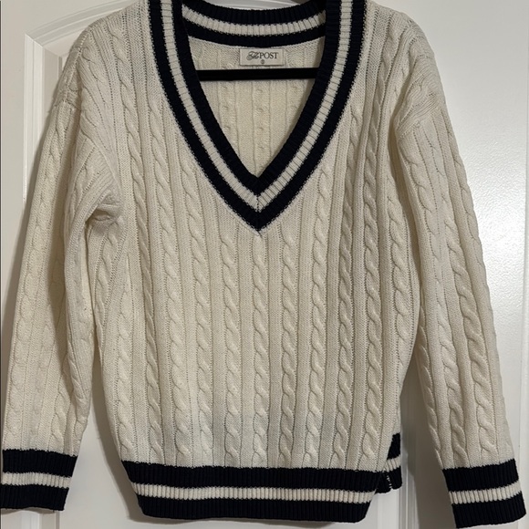 The Post Cable Knit V-Neck Varsity Sweater - Picture 1 of 4